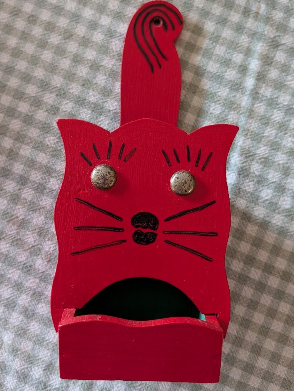Vintage Folk Art Wood Red Meow Cat Wooden Match Holder With Tack Eyes 1930's